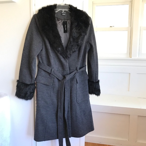 CITY CHIC Penny Lane Make Me Blush Coat Faux Fur Trim Black Gray Plus Size 14 - Picture 2 of 16